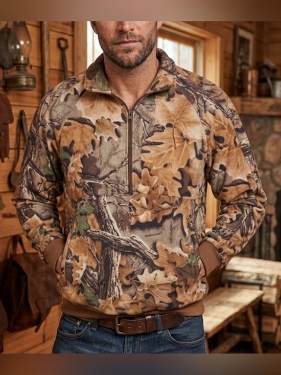 L.L. Bean Other - LL Bean Men Camouflage Fleece Half Zip Pullover Jacket Camo Wood Oak Leaf